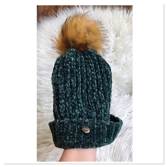 Express Pom Pom Knit Velour Beanie Green One Size Adult - Picture 7 of 8